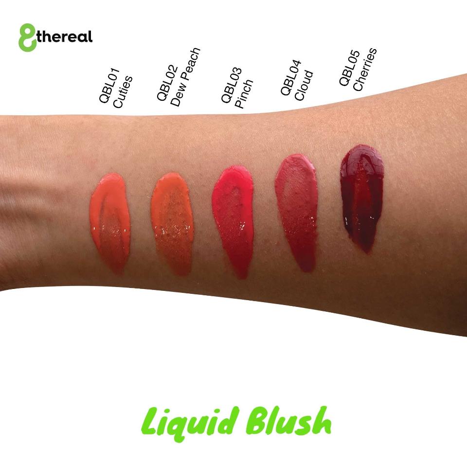 8thereal Soft Flush Liquid Blush swatches on arm showing five shades from light peach to deep cherry red.