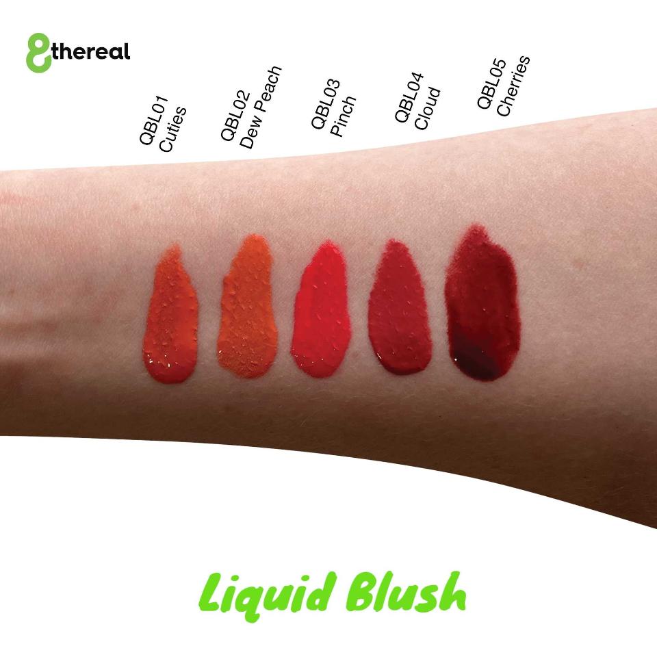 8thereal Soft Flush Liquid Blush swatches in five shades from peach to deep cherry on a forearm
