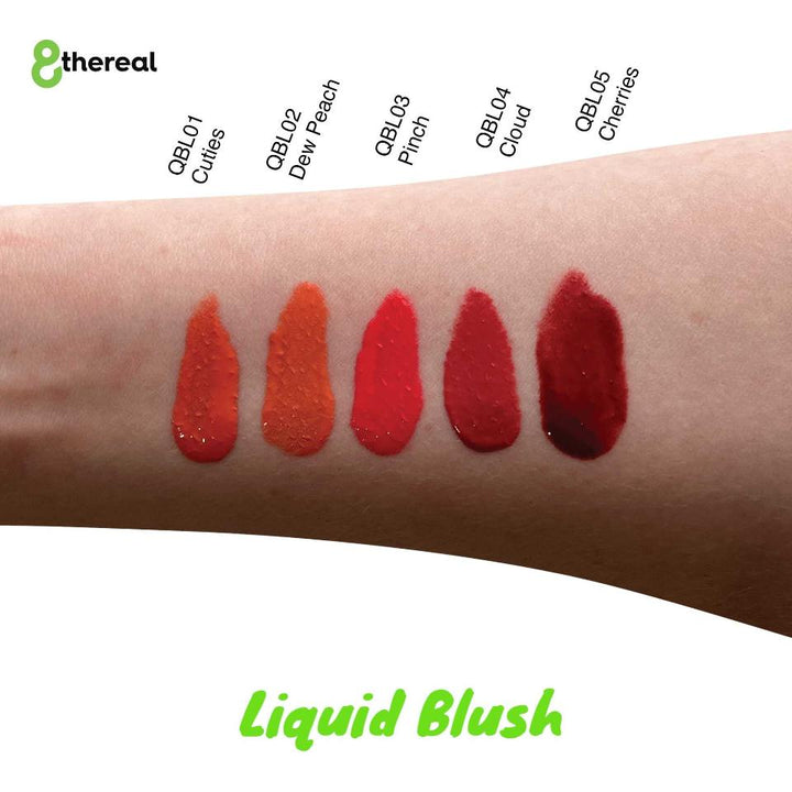 8thereal Soft Flush Liquid Blush swatches in five shades from peach to deep cherry on a forearm