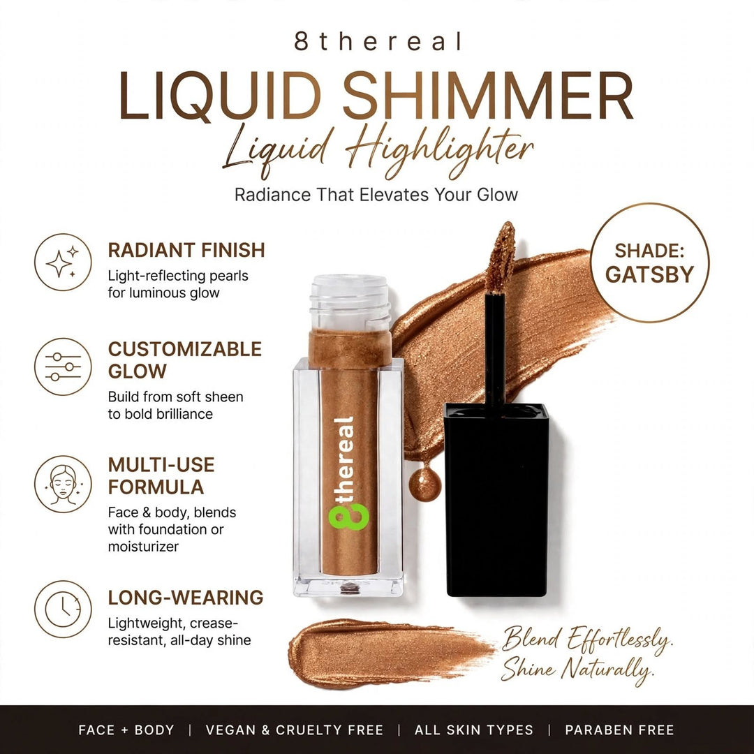 8thereal Liquid Radiance Shimmer in Gatsby shade, a bronze liquid highlighter with applicator and product swatch.
