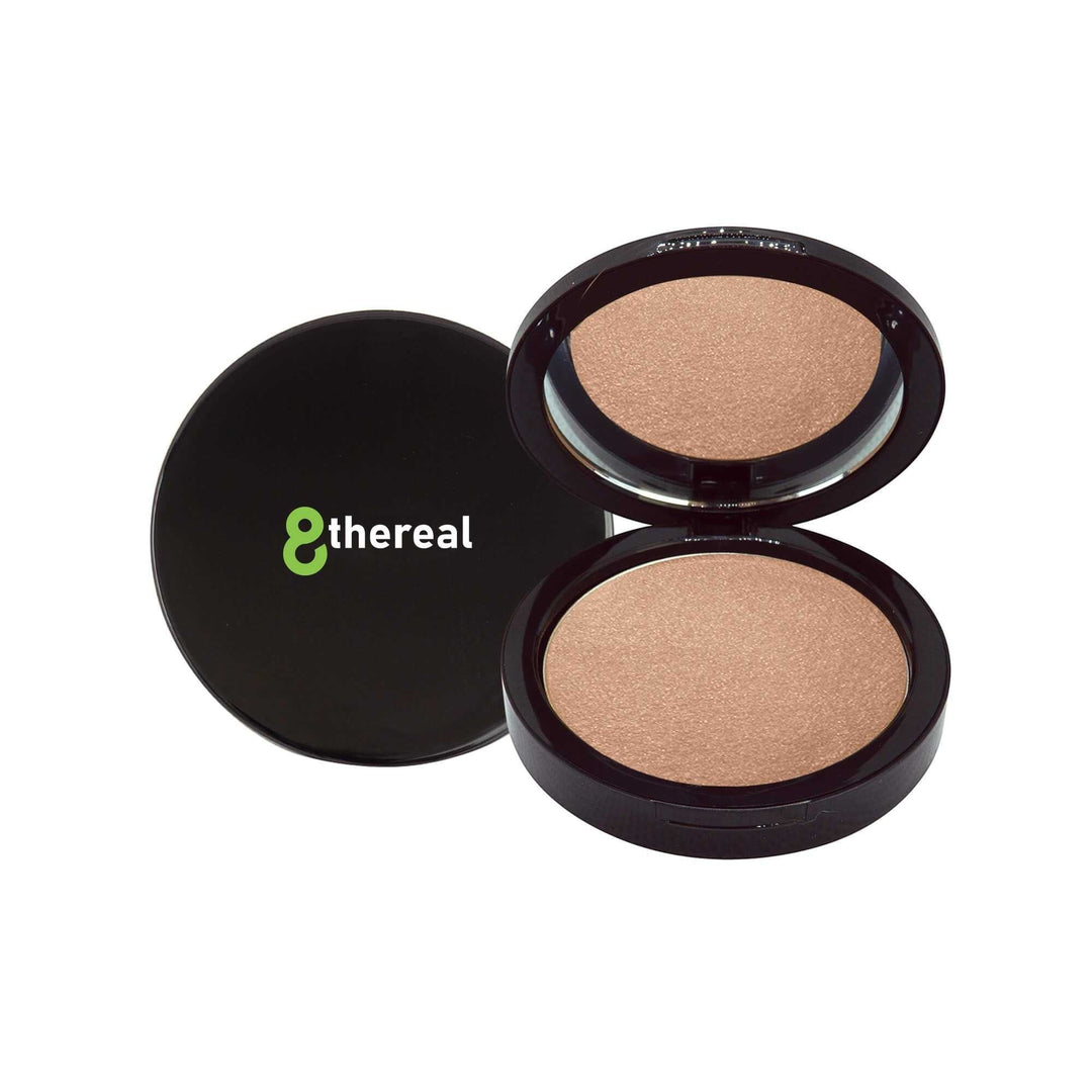 8thereal Soft-Focus Luminizing Powder in a sleek black compact with a mirror, featuring a silky, radiant beige finish.