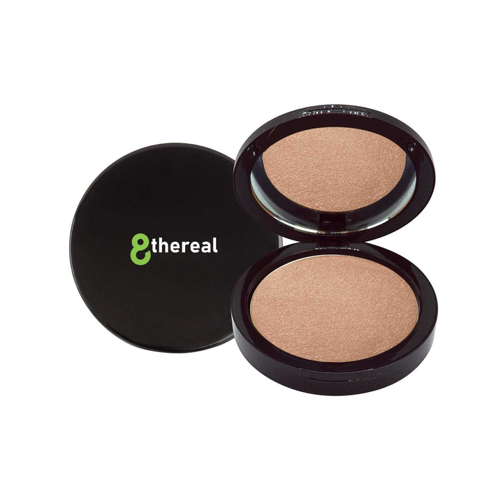 8thereal Soft-Focus Luminizing Powder in a sleek black compact with a mirror, featuring a silky, radiant beige finish.