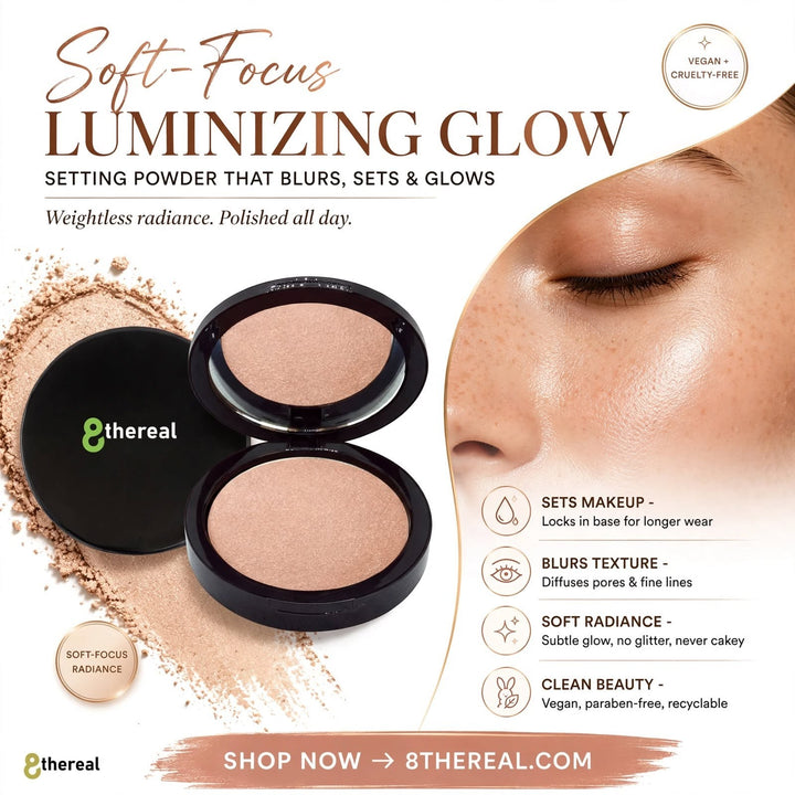 8thereal Soft-Focus Luminizing Powder in a black compact with a model showing a radiant, blurred skin finish.
