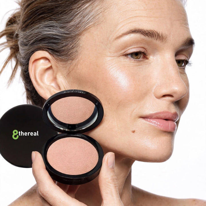 8thereal Soft-Focus Luminizing Powder in a black compact held by a woman with glowing, radiant skin.