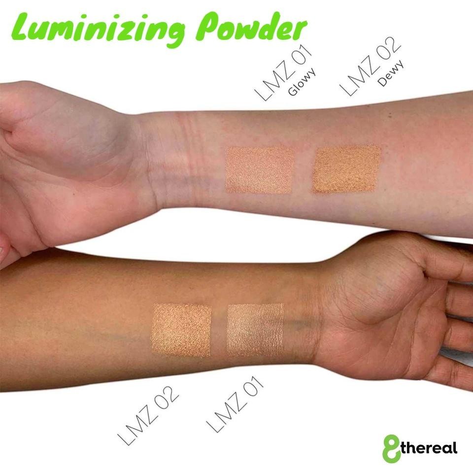 8thereal Soft-Focus Luminizing Powder swatches on two skin tones showing LMZ 01 Glowy and LMZ 02 Dewy shades.