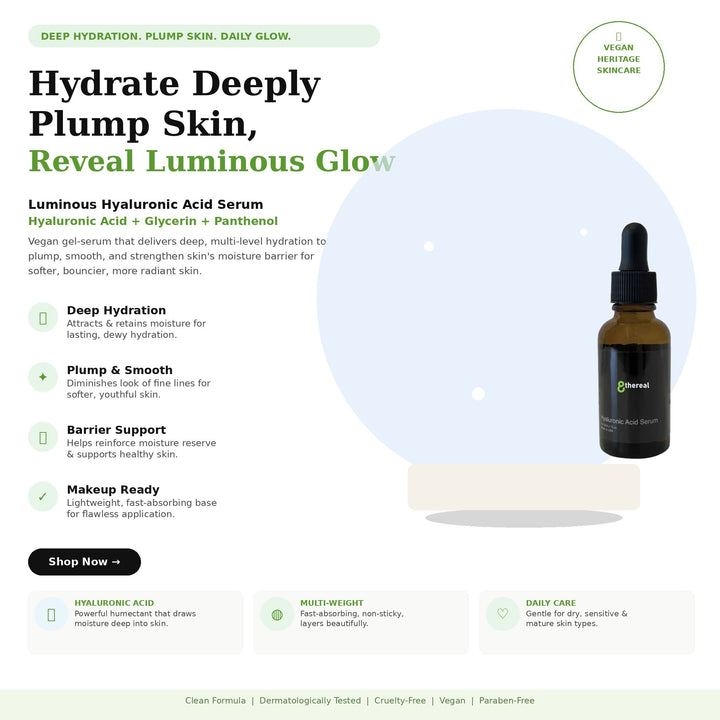 8thereal Luminous Hyaluronic Acid Serum in a dark glass dropper bottle for deep skin hydration and plumping.