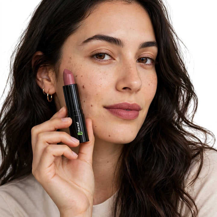 A woman holding an 8thereal luxury cream lipstick in a mauve shade, showing the satin finish on her lips.