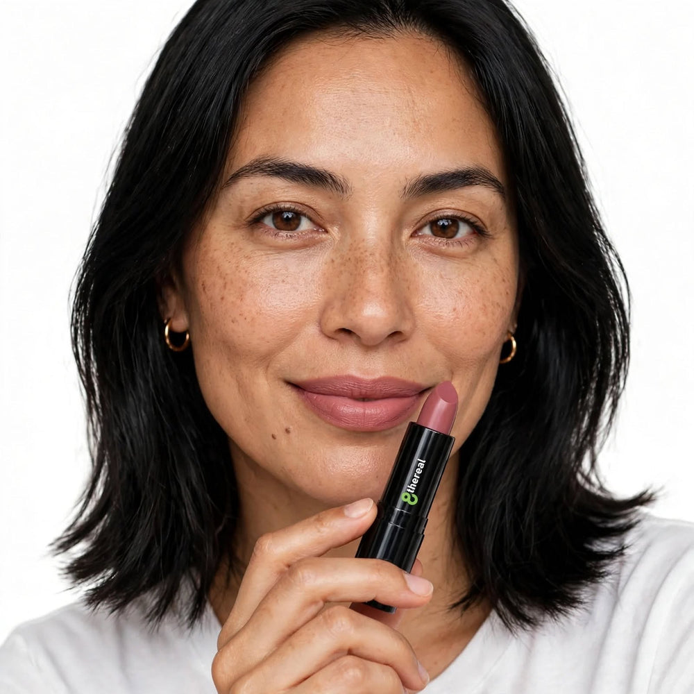 A woman wearing 8thereal Luxury Cream Lipstick in a soft satin mauve shade, holding the black lipstick tube.