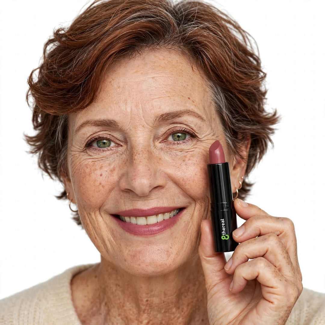 Mature woman smiling while holding an 8thereal luxury cream lipstick in a soft satin mauve shade