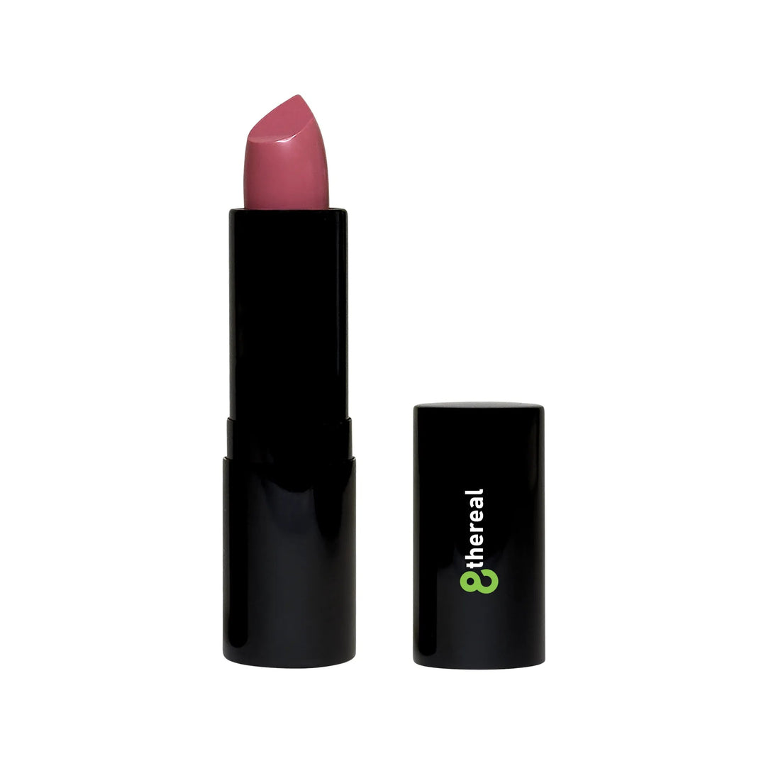 8thereal luxury cream lipstick in a soft mauve shade with a satin finish, presented in a sleek black tube.