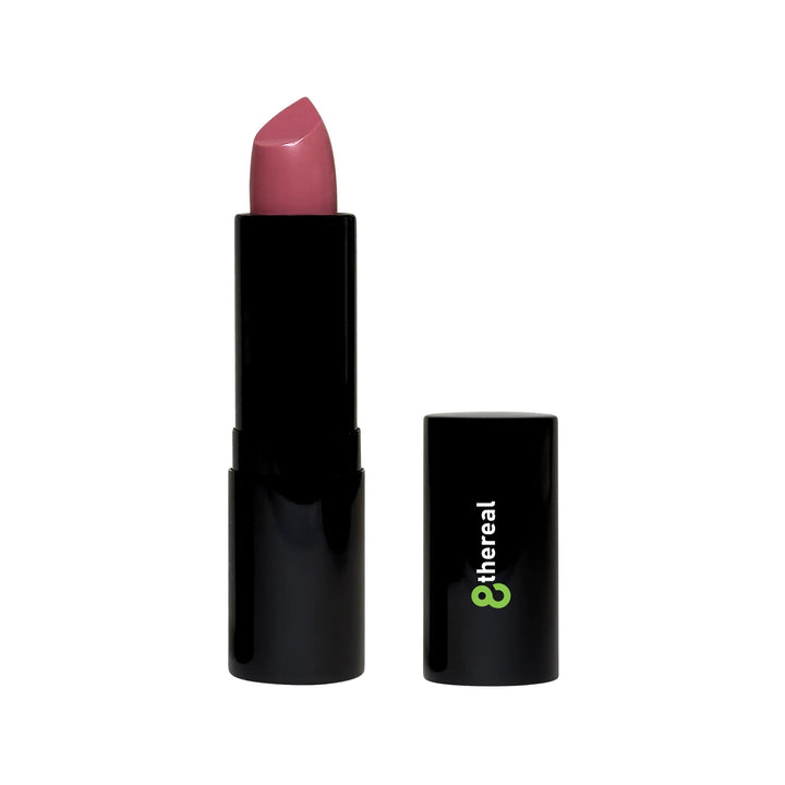 8thereal luxury cream lipstick in a soft mauve shade with a satin finish, presented in a sleek black tube.