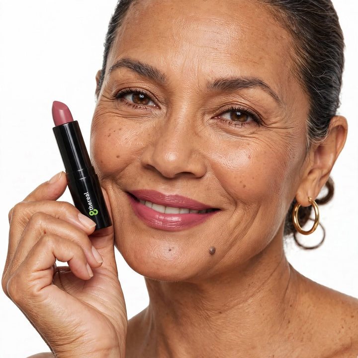 A smiling woman holding an 8thereal luxury cream lipstick in a soft mauve shade with a satin finish.