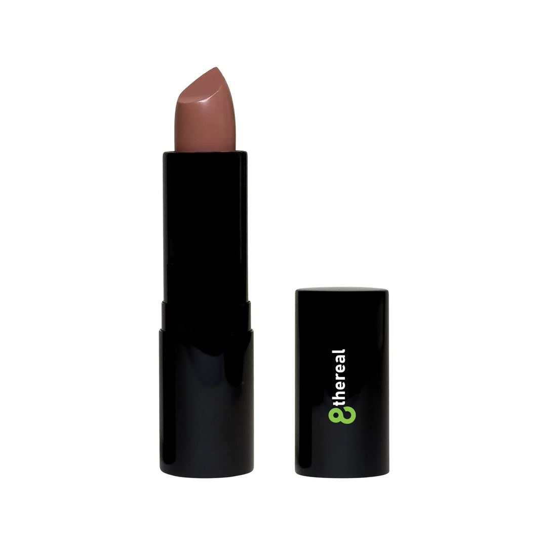 8thereal luxury cream lipstick in a neutral shade with a satin finish, presented in a sleek black tube with cap off.