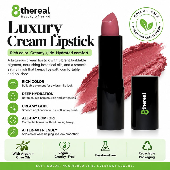 8thereal Luxury Cream Lipstick in a soft pink shade with a satin finish, featuring nourishing botanical oils.