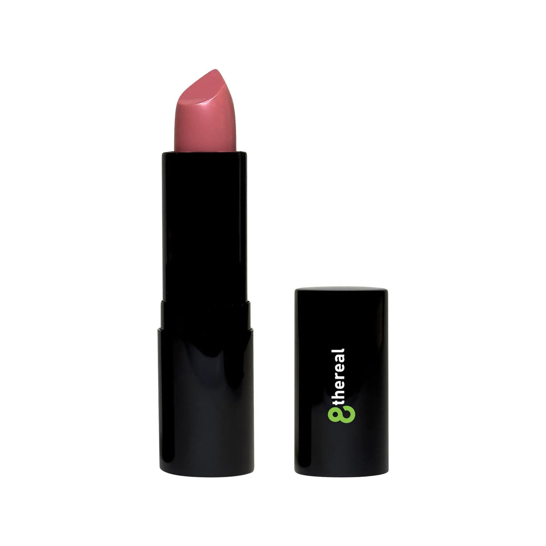 8thereal luxury cream lipstick in a soft pink shade with a satin finish and sleek black packaging.