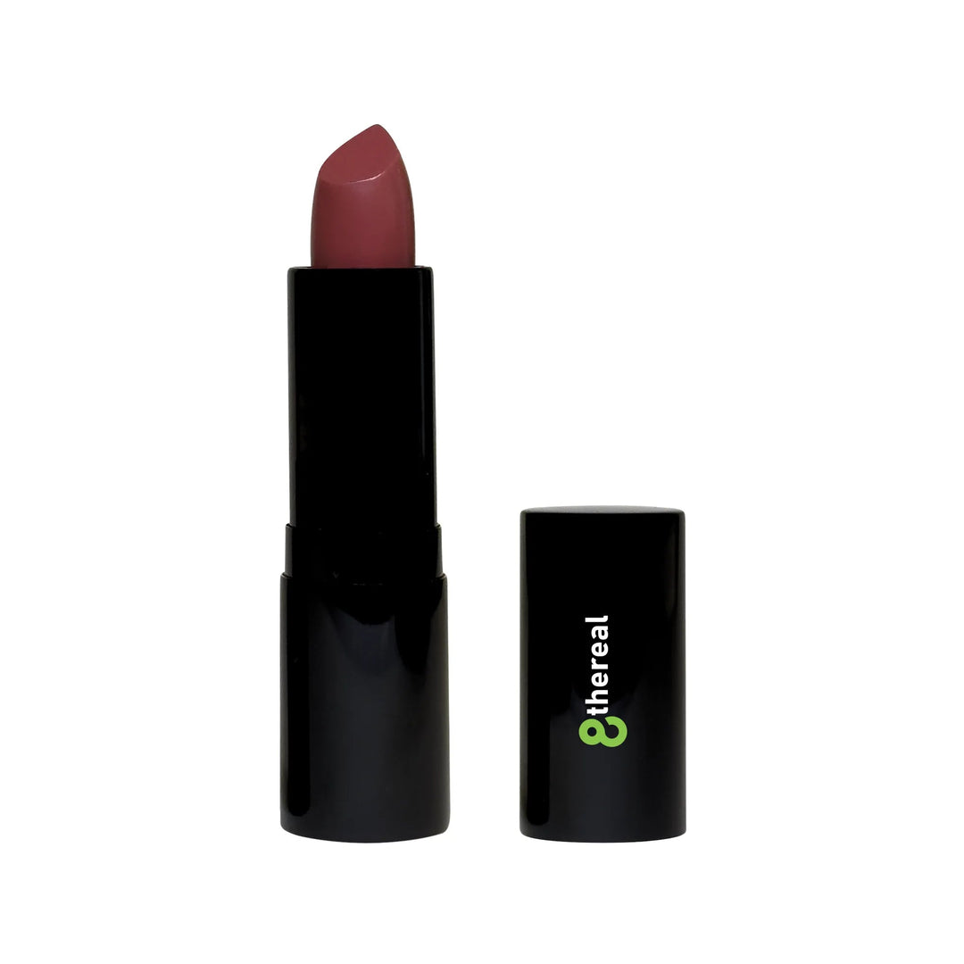 8thereal luxury cream lipstick in a mauve shade with a satin finish, featuring a sleek black tube and cap.