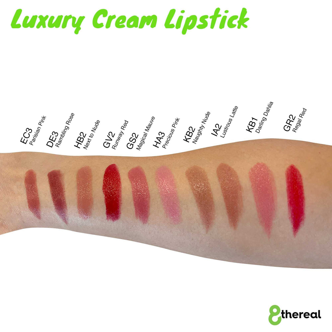 8thereal Luxury Cream Lipstick swatches on skin showing various shades from pinks and nudes to deep reds and mauve.