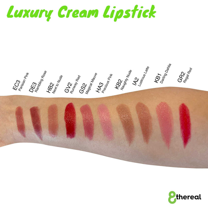 8thereal Luxury Cream Lipstick swatches on skin showing various shades from pinks and nudes to deep reds and mauve.
