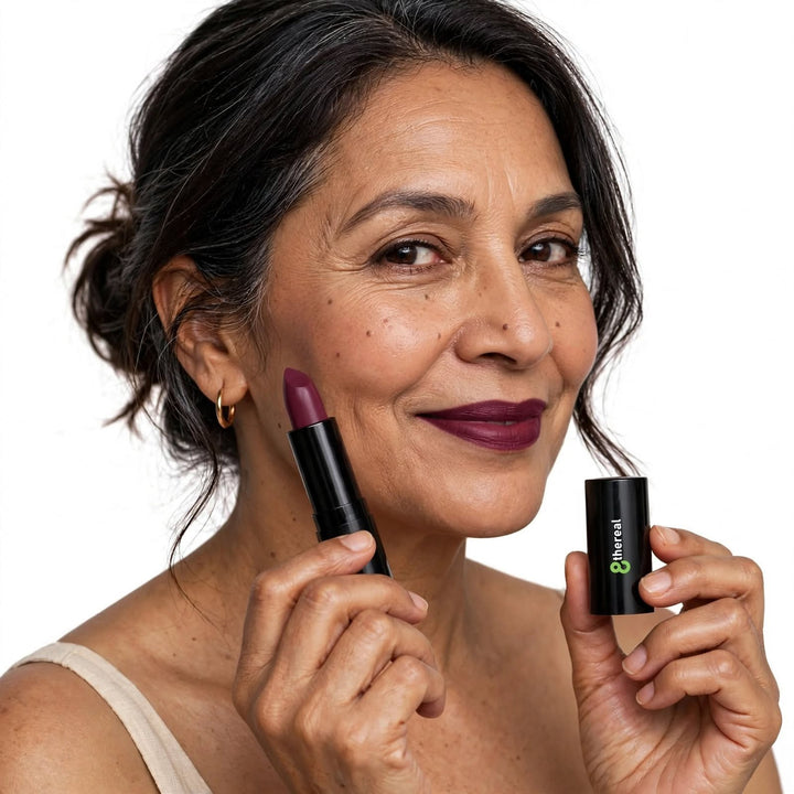 8thereal luxury matte lipstick in a deep berry shade applied on a smiling woman with a smooth, comfortable finish.