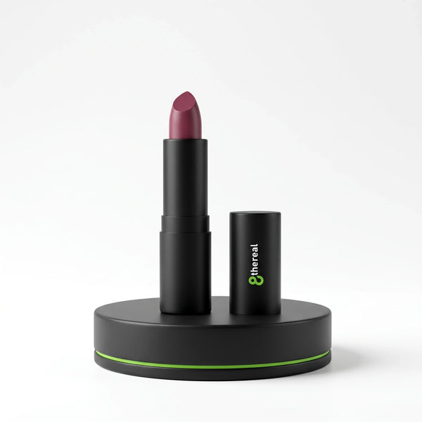 8thereal luxury matte lipstick in a deep berry shade with a sleek black tube on a matching display stand.