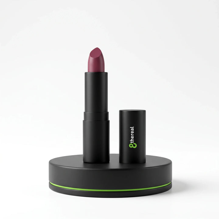 8thereal luxury matte lipstick in a deep berry shade with a sleek black tube on a matching display stand.