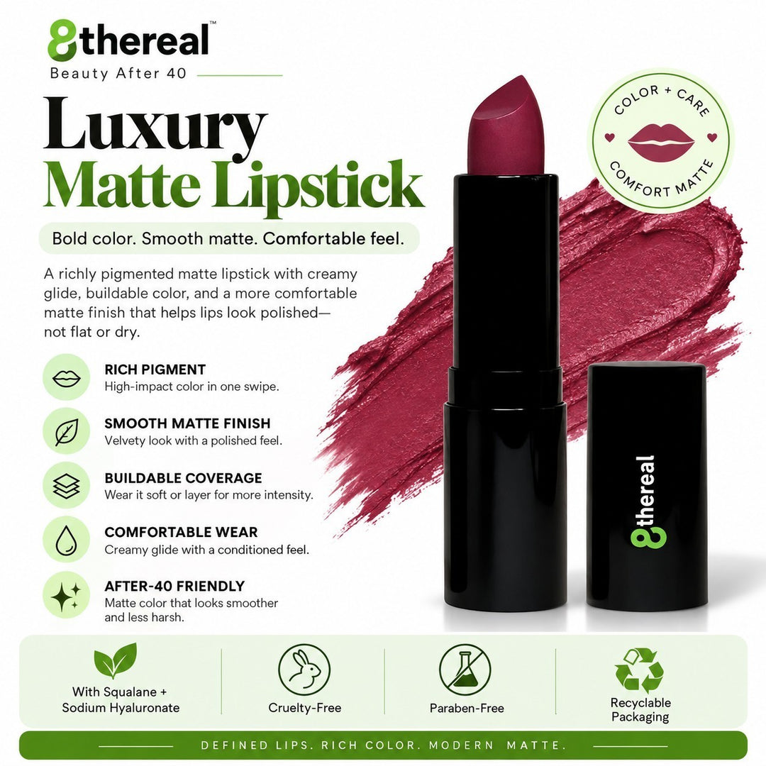8thereal Luxury Matte Lipstick in a deep berry shade with a smooth, creamy finish and sleek black packaging.