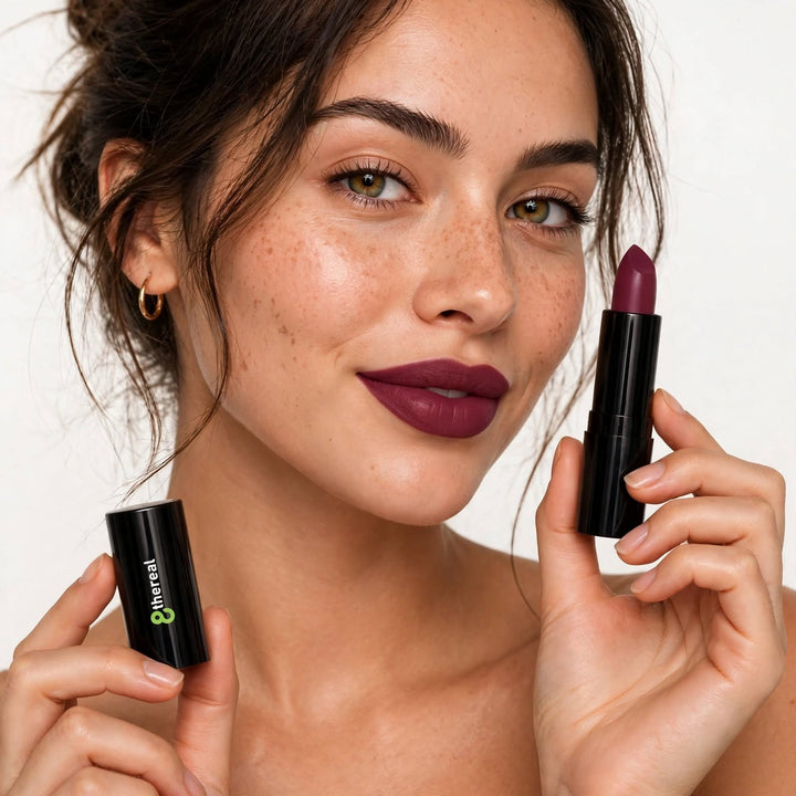 8thereal Luxury Matte Lipstick in a deep berry shade applied on a woman with a natural makeup look