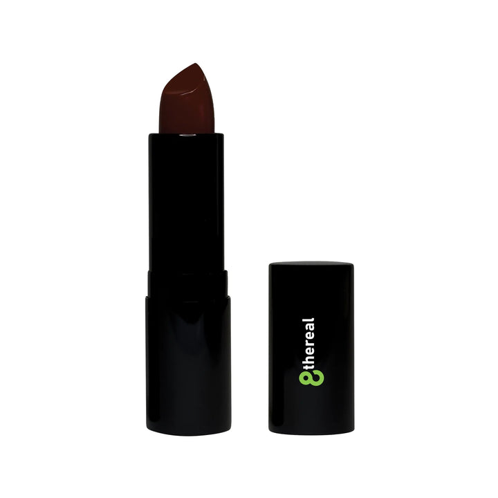 8thereal luxury matte lipstick in a deep dark shade with a sleek black tube and cap on a white background