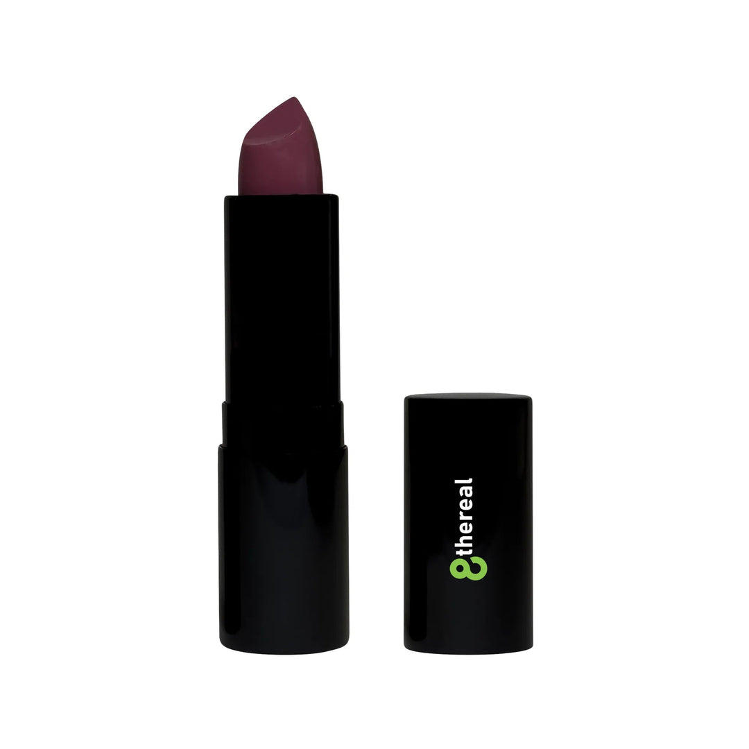 8thereal Luxury Matte Lipstick in a deep mauve shade with a sleek black tube and matching cap.