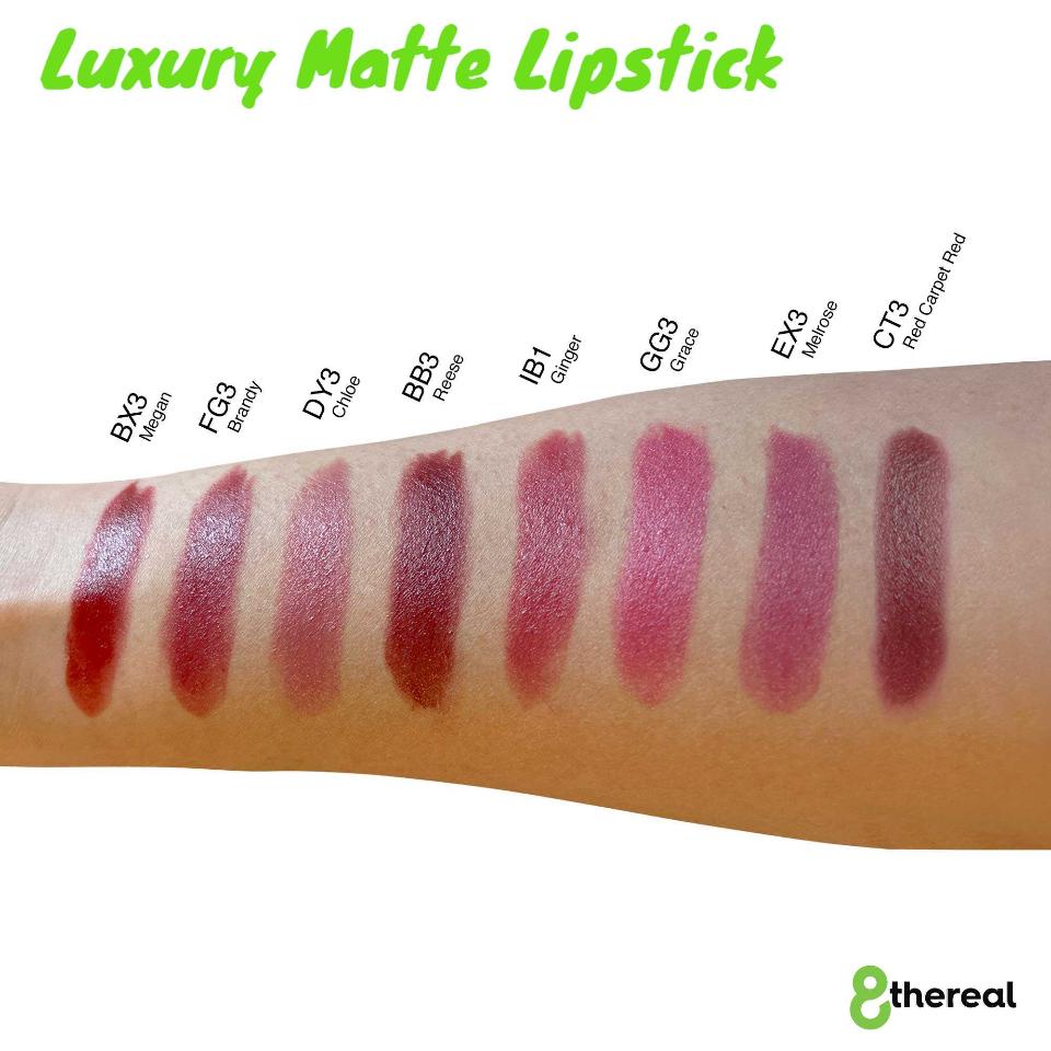 8thereal Luxury Matte Lipstick swatches on skin showing eight different pigmented shades from red to deep berry