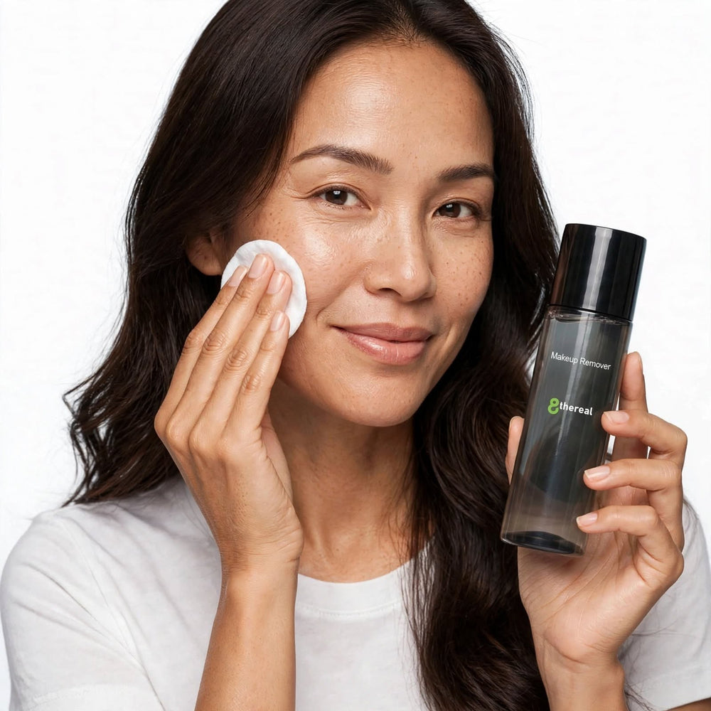 Woman using 8thereal water-based makeup remover with a cotton pad for a gentle, refreshing cleanse on her face