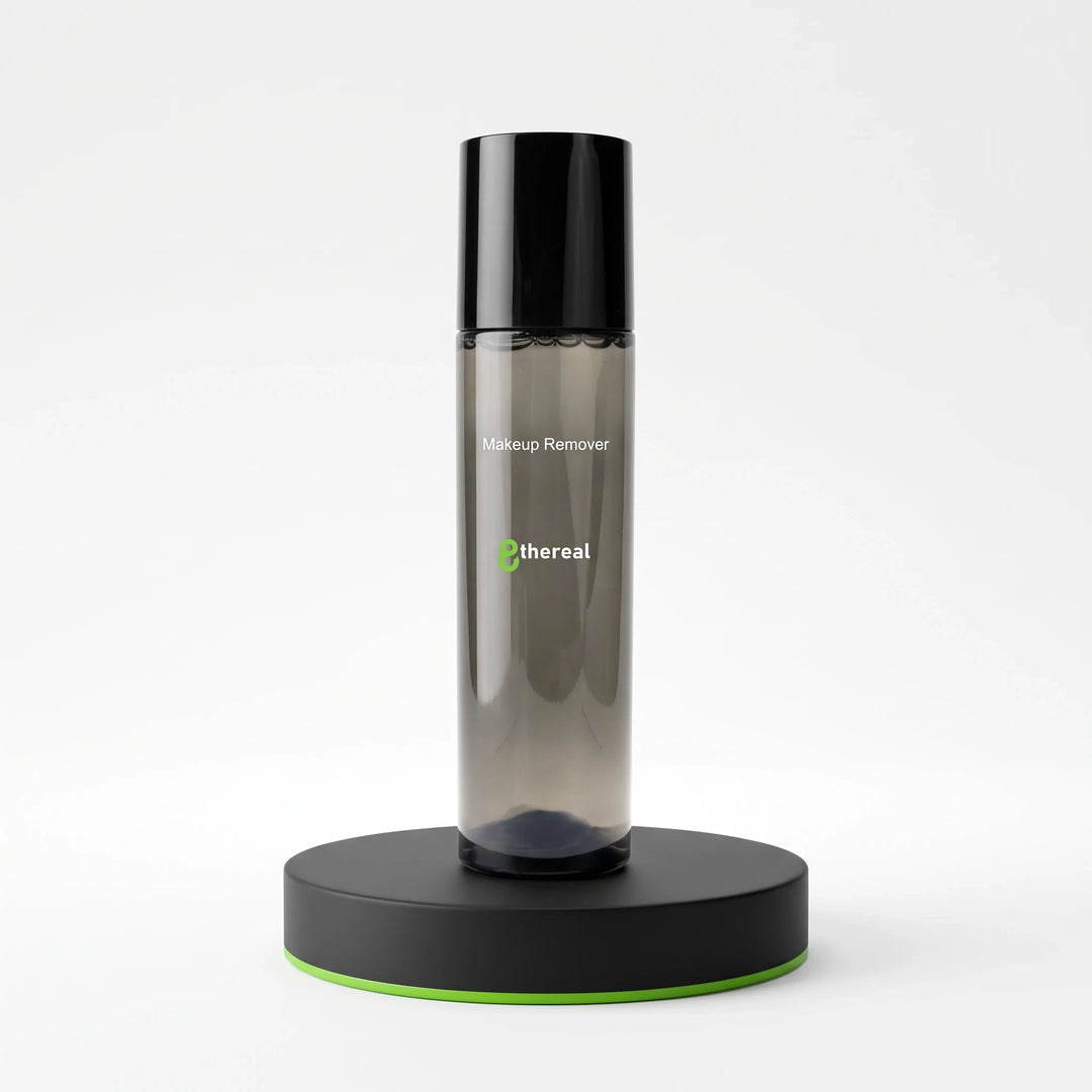 8thereal refreshing water-based makeup remover in a clear bottle on a black display stand against a white background.