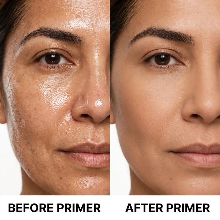8thereal oil-control matte face primer showing a before and after comparison of skin texture and shine reduction.