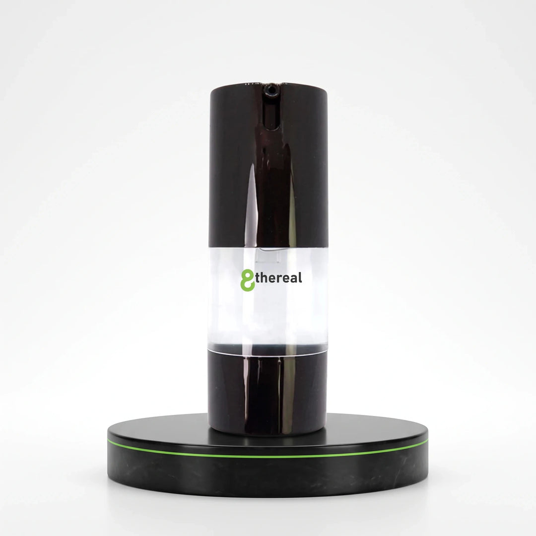 8thereal Oil-Control Matte Face Primer in a sleek black pump bottle on a matching circular display stand.