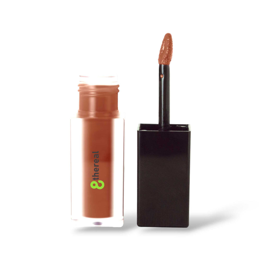 8thereal matte lip stain in a neutral brown shade with a doe-foot applicator, featuring a clear bottle and black cap.