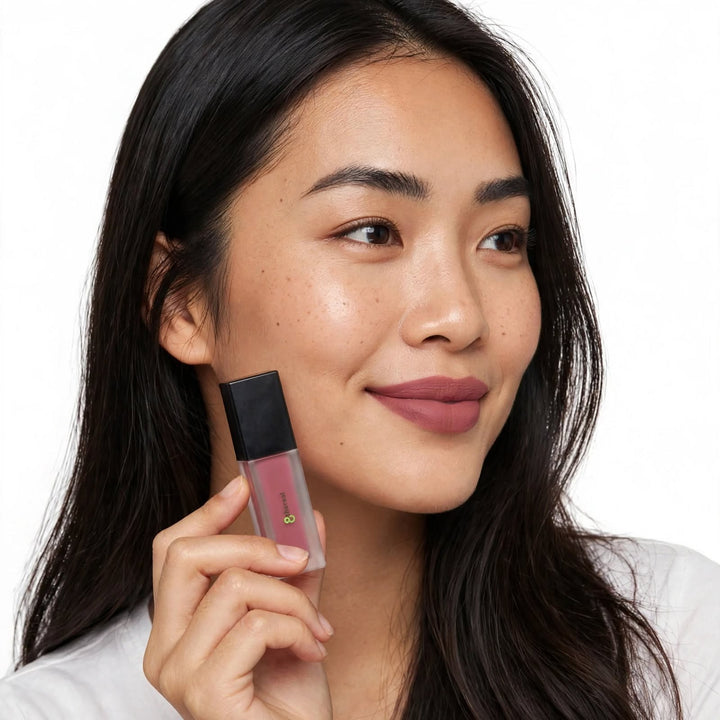 8thereal matte lip stain in a mauve shade applied on a woman with a natural, lightweight finish