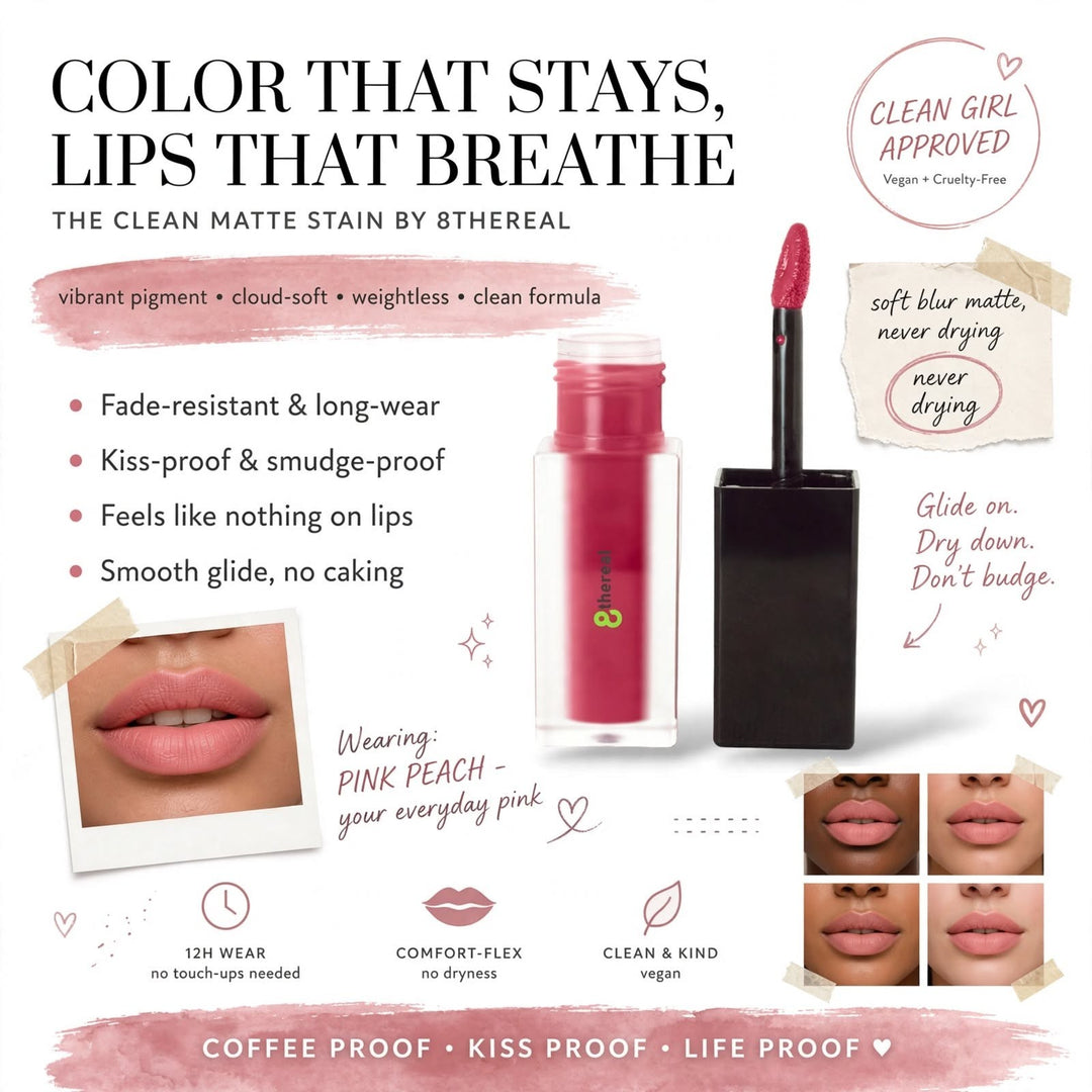 8thereal matte lip stain in pink peach with applicator, showing long-lasting, smudge-proof, and lightweight finish.