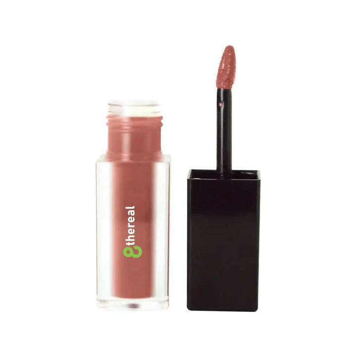 8thereal matte lip stain in a neutral rose shade with a doe-foot applicator and clear square bottle.