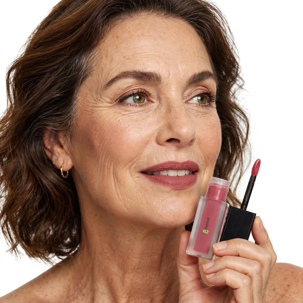 Mature woman wearing 8thereal matte lip stain in a soft rose shade, holding the applicator and bottle.