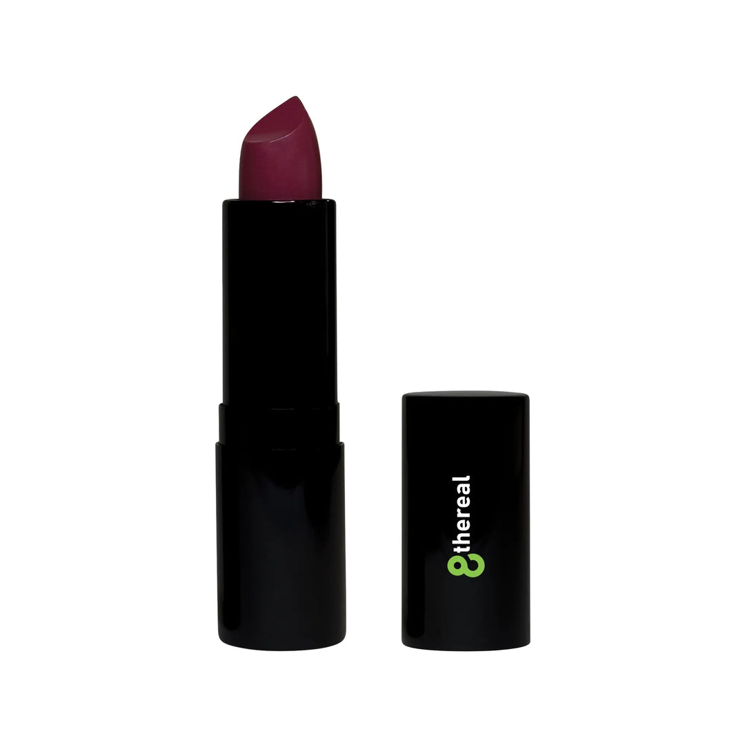 8thereal luxury matte lipstick in a deep berry shade with a sleek black tube and matching cap