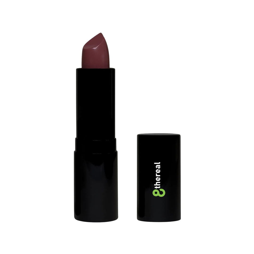 8thereal luxury matte lipstick in a deep mauve shade with a sleek black tube and matching removable cap.