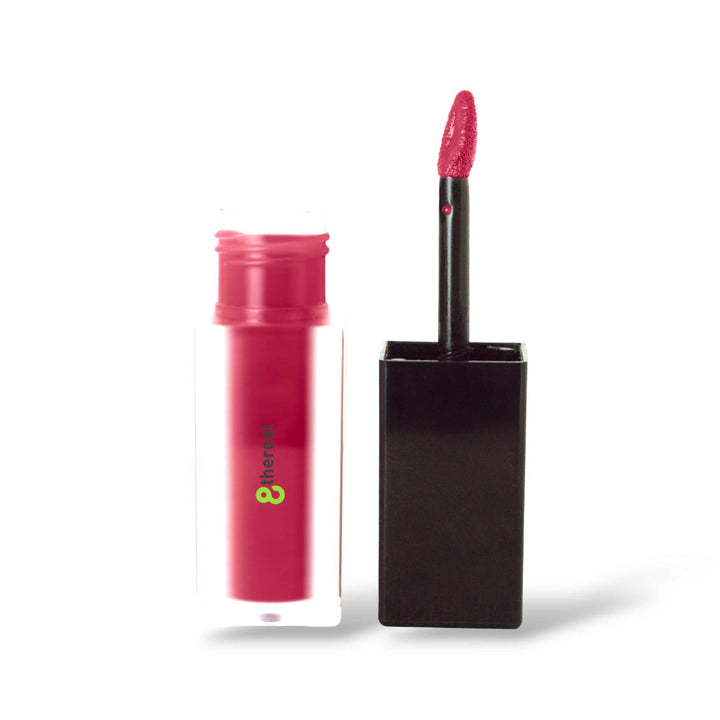 8thereal matte lip stain in a vibrant pink shade with a doe-foot applicator and clear square bottle.