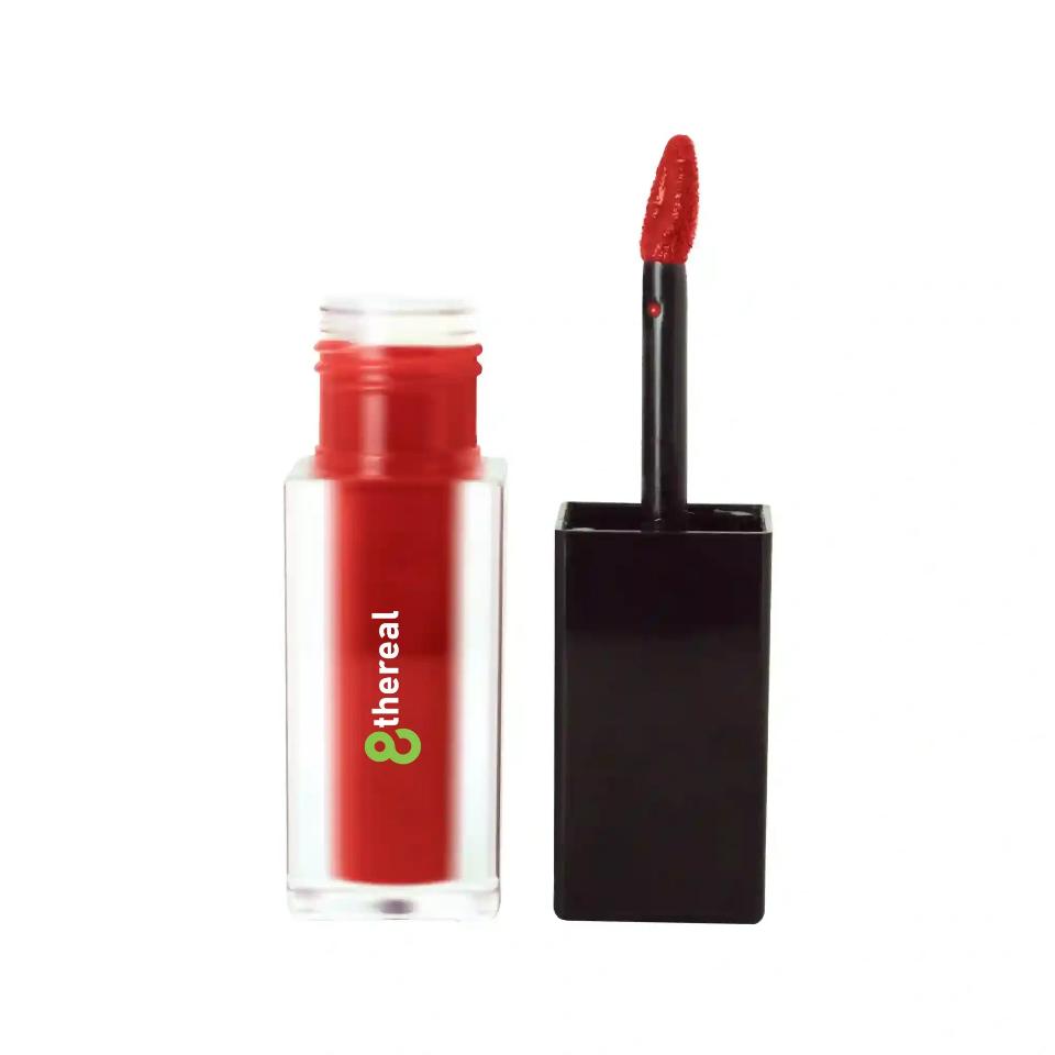 8thereal matte lip stain in a vibrant red shade with a clear square bottle and black applicator wand