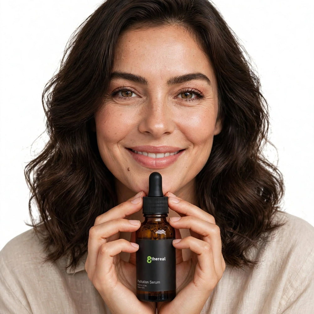 A woman smiling while holding an 8thereal Maximum Hydration Serum bottle with a dropper cap against a white background.