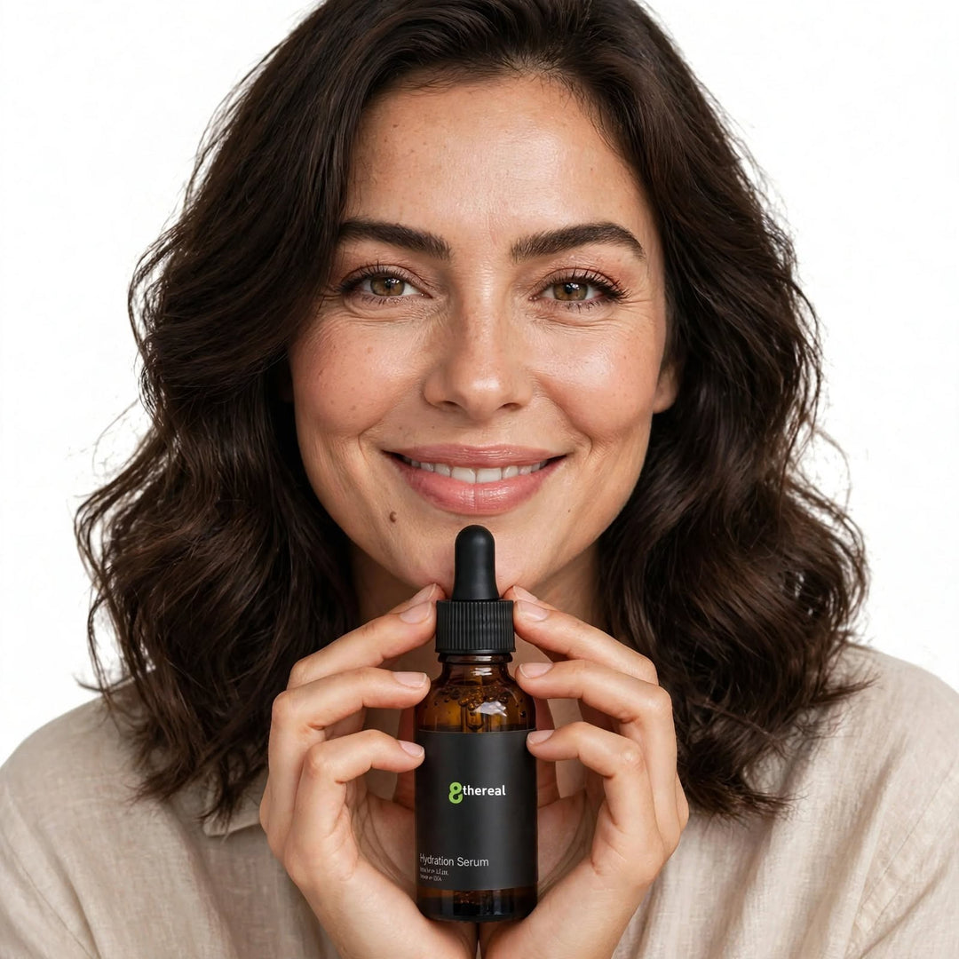 A woman smiling while holding an 8thereal Maximum Hydration Serum bottle with a dropper cap against a white background.