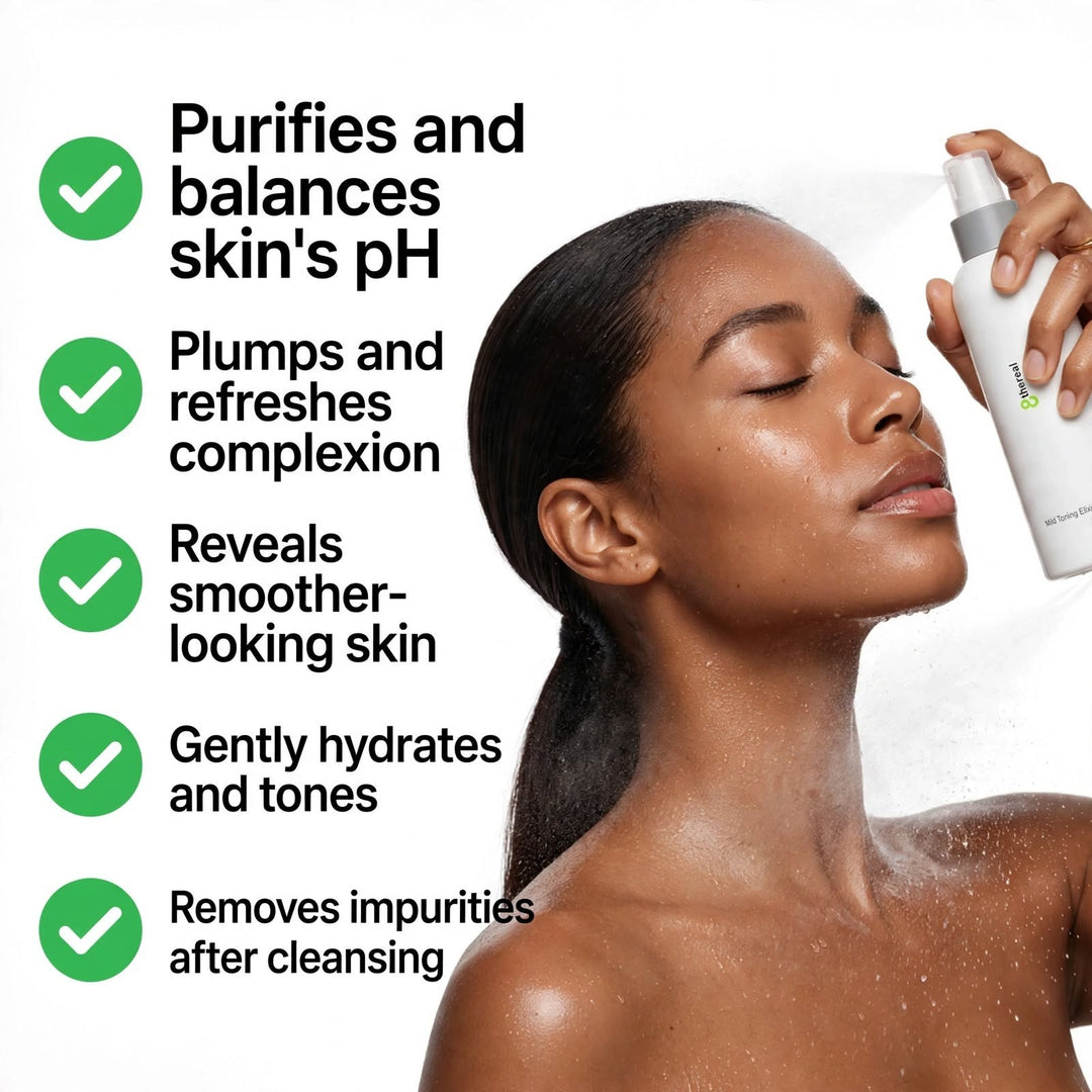 8thereal Mild Toning Elixir being sprayed on a woman's face to hydrate, balance pH, and refine pores.