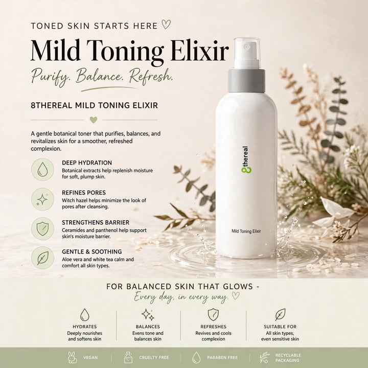 8thereal Mild Toning Elixir bottle with botanical elements, highlighting hydration, pore refining, and soothing.