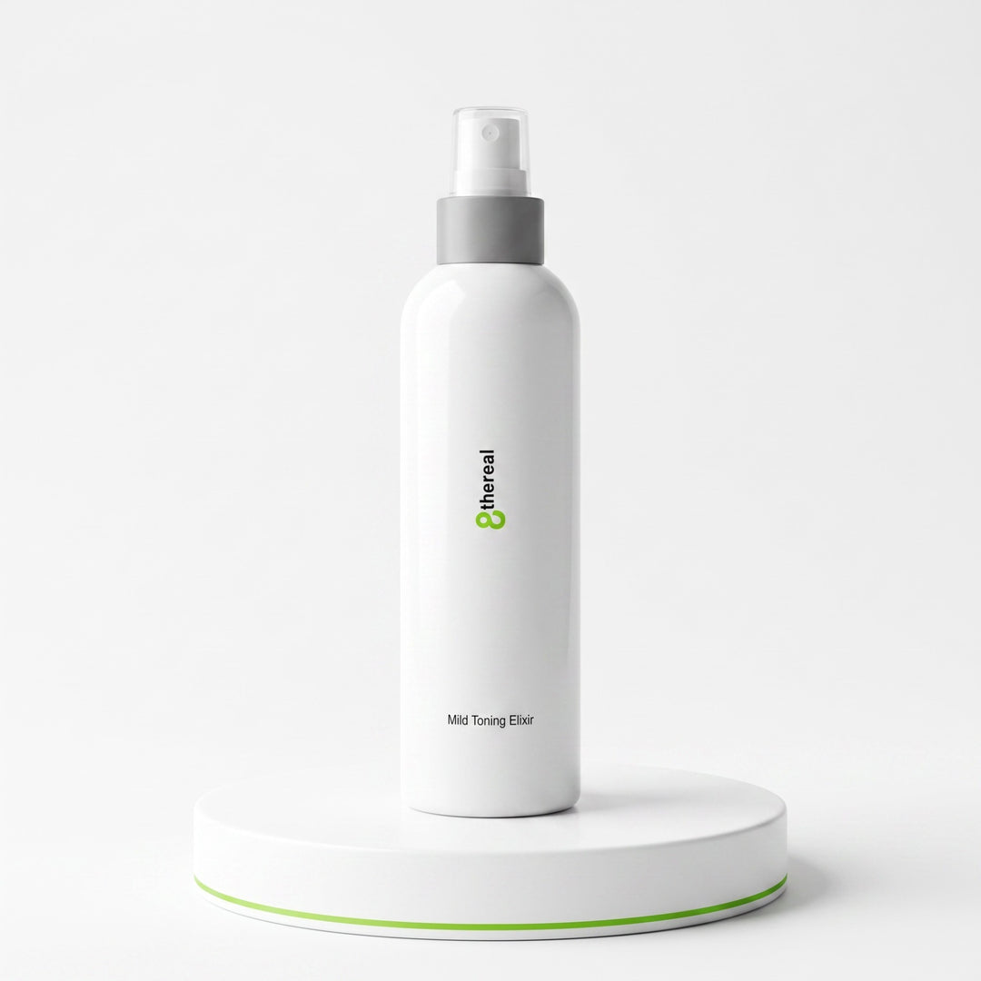 8thereal Mild Toning Elixir in a white spray bottle on a white pedestal, a vegan facial toner for hydration.