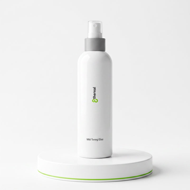 8thereal Mild Toning Elixir in a white spray bottle on a white pedestal, a vegan facial toner for hydration.