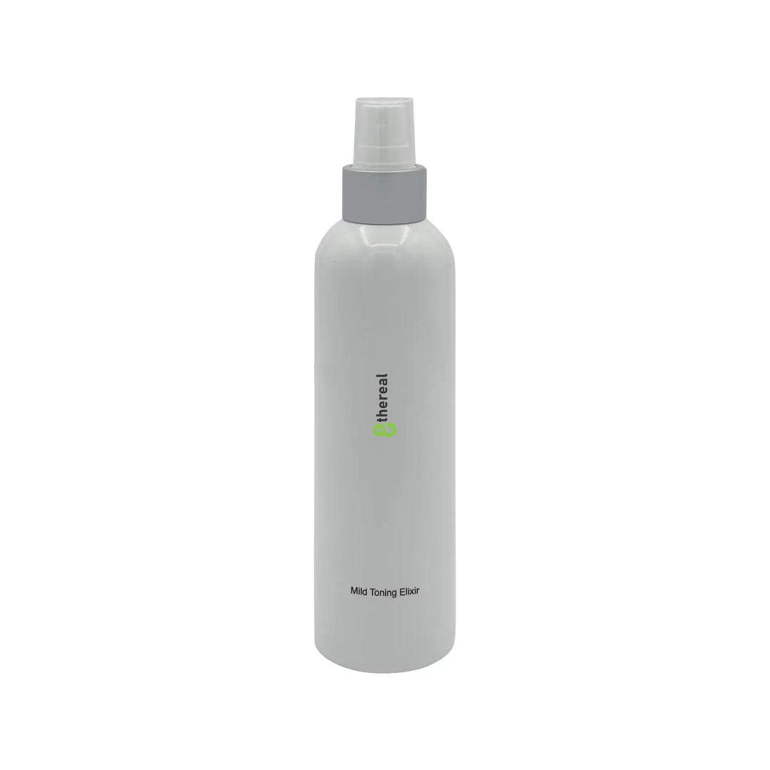8thereal Mild Toning Elixir in a white spray bottle for facial hydration and pore refining.